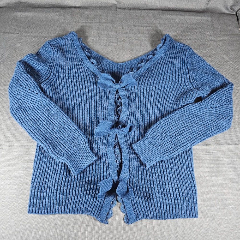 Blue Ribbed‎ Knit peekaboo bow Sweater Bows V Neck Long Sleeve Women   Coquette